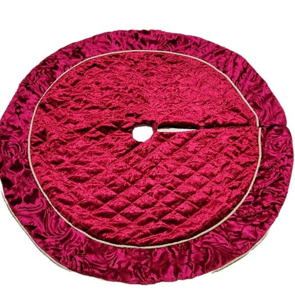 Christmas Tree Skirt Quilted Burgundy Velvet 48" Vintage Gold Cord - Picture 1 of 3